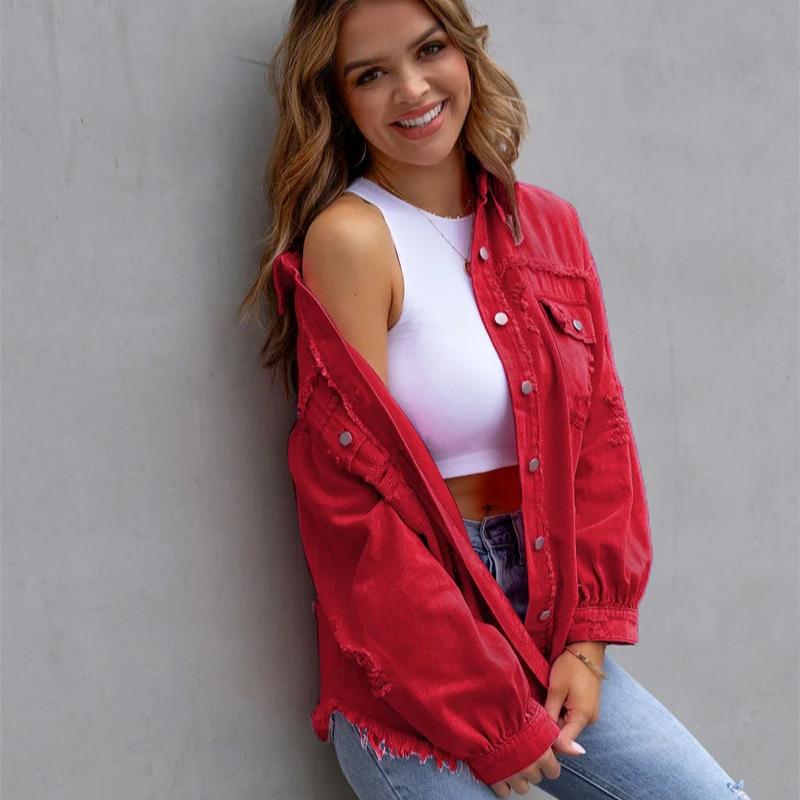 VAYLA Holes Raw-edges Denim Jacket Women Spring Autumn Shirt Style Jeancoat Casual Top Rose-Red Orange Purple Outerwear Lady Coat