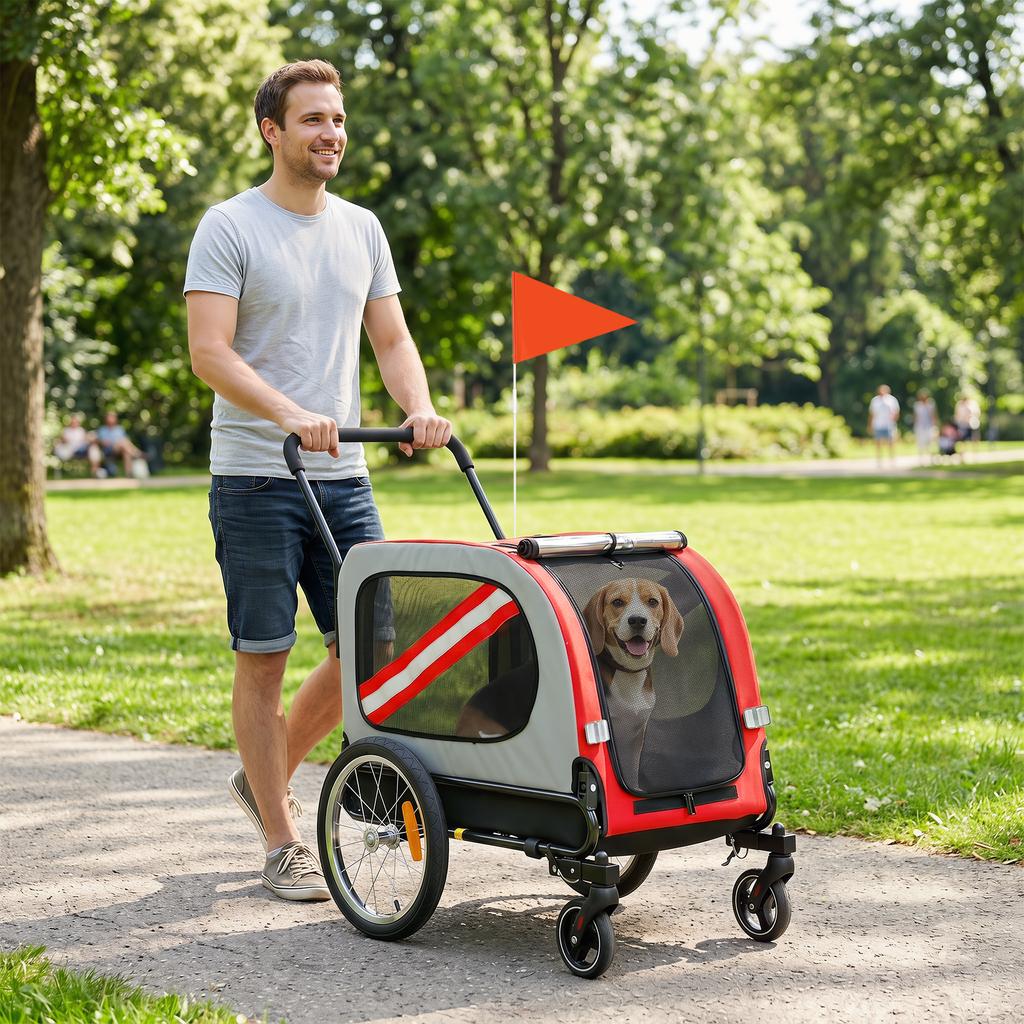 2-In-1 Dog Bike Trailer Pet Stroller with Universal Wheel Reflector Flag Red