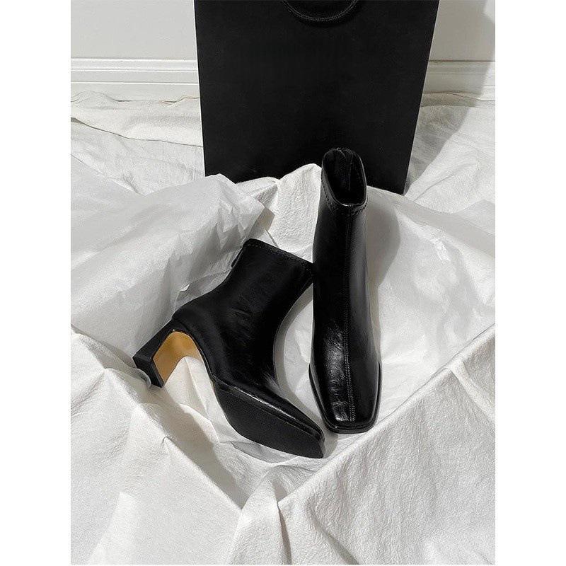 Brown short boots thick heel new versatile French high heel elastic boots velvet rear zipper square head thin boots