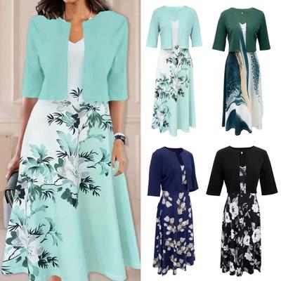 2 stk/sett Dame Frakkkjolesett Halvermet Ensfarget Cardigan Blomstertrykk V-hals Ermeløs A-linjekjole Formell pendlerstil Dame Midi-kjolesett