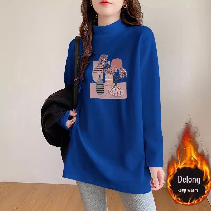 Plus Size Women's German Velvet Long Sleeve T-shirt: Loose Mid-Length Base Shirt for Early Spring, Autumn, and Winter.