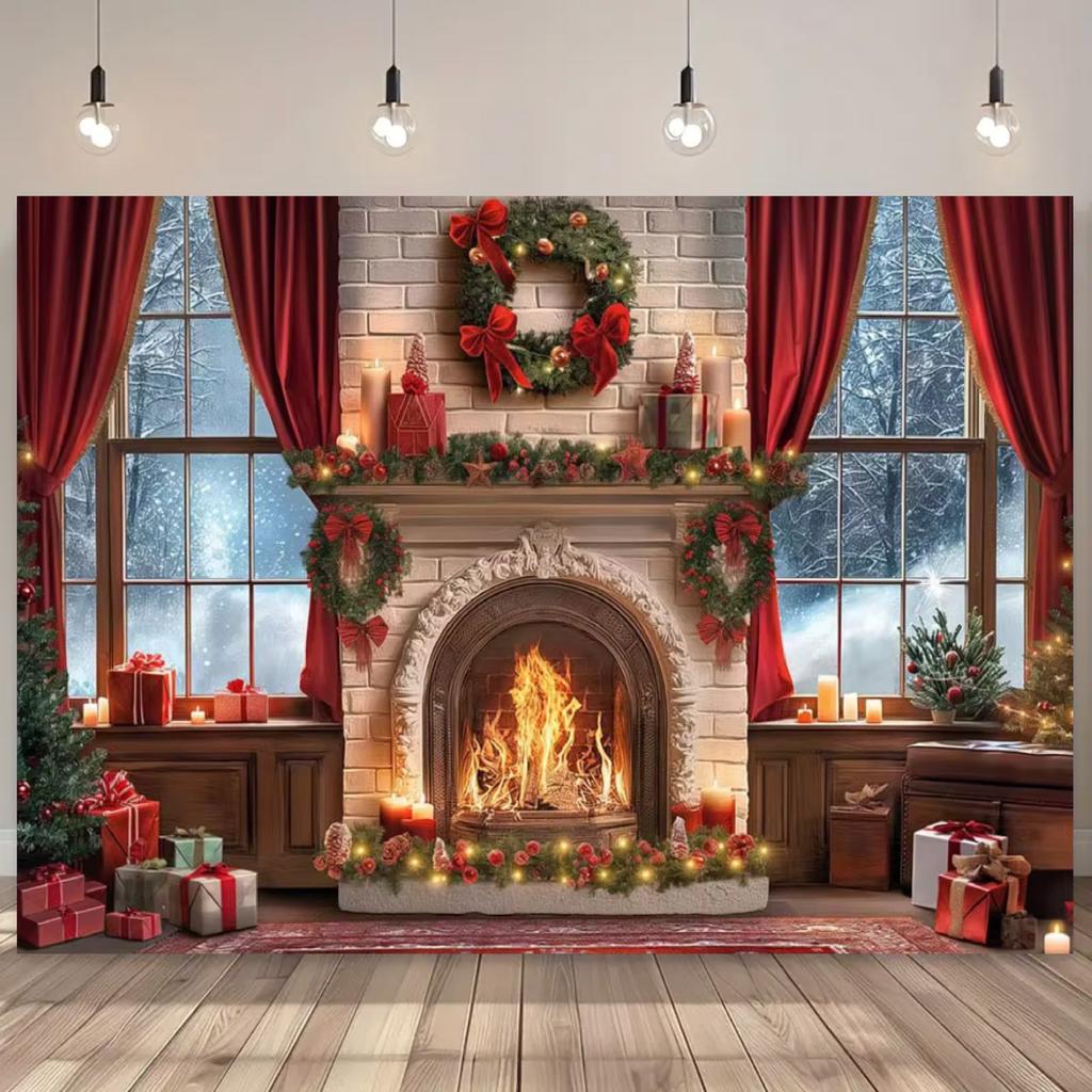 A Christmas fireplace background - soft scene with warm fire and wrapped gifts, suitable for general celebrations,no electricity