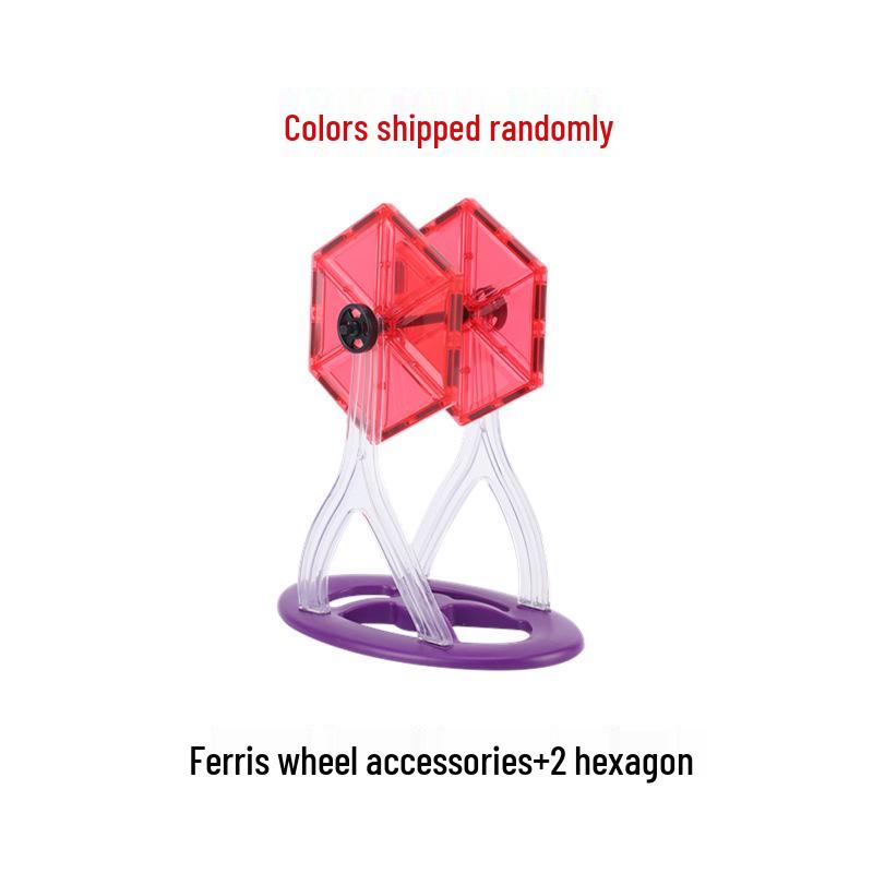 Stained Glass Magnetic Tiles Refill Pack: Educational Magnetic Stickers & Wooden Building Blocks Puzzle, Ferris Wheel, and Small Car.