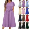 Women's Casual Short Sleeve Dress Round Neck Midi Dress with Waist Tie Belt Summer Everyday Dress