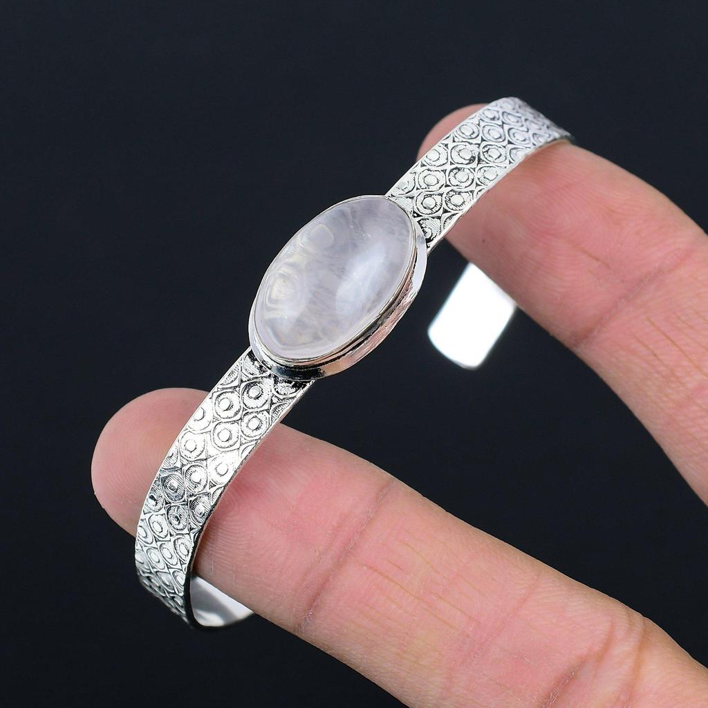 Natural Rose Quartz Gemstone Bangle Adjustable 925 Sterling Silver Jewelry