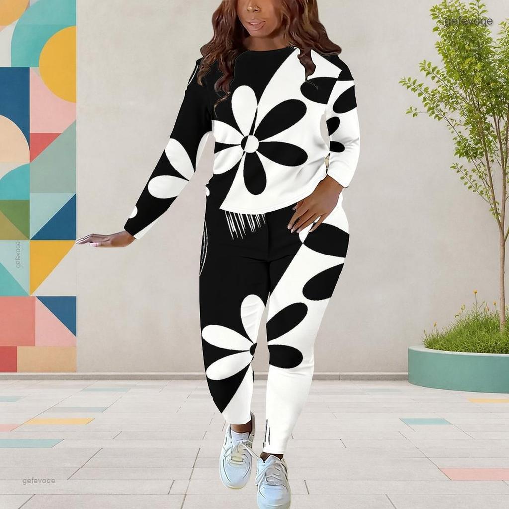 Women Plus Size Two Piece Set Round Neck Long Sleeve Floral Printed Top And Fitted Pants Black White