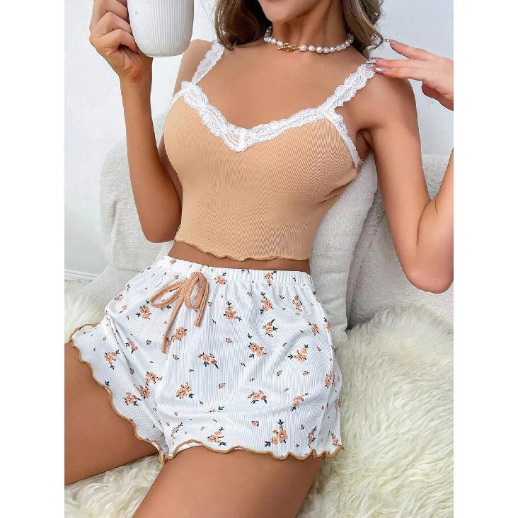 2026 Women's Sexy Lace Camisole Vest Shorts Sleepwear Women's Slim Fit Two-Piece Home Outfit New Product Pink Coffee Blue