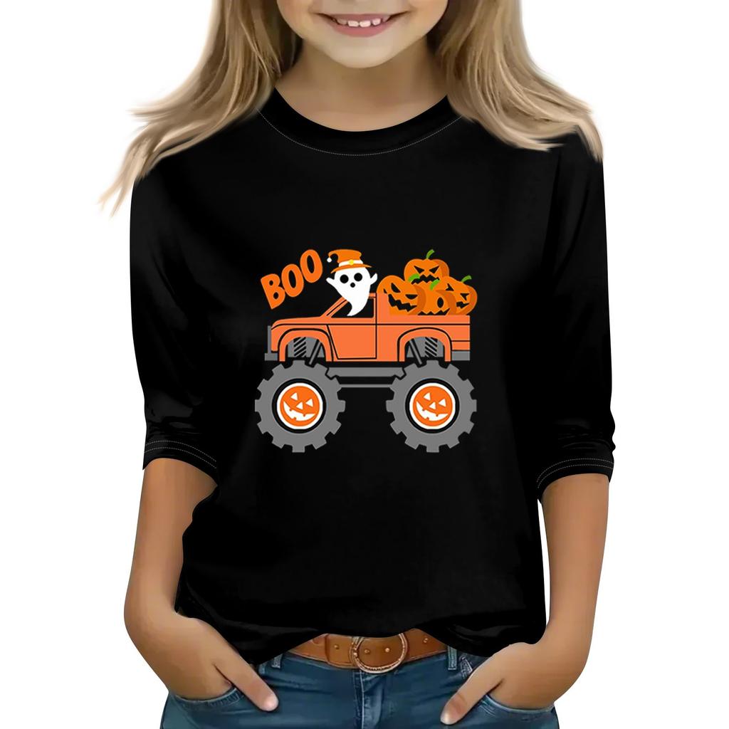 Print Tops For Youth Girls Round Neck 3/4 Sleeves T-Shirts Trendy Tops Outfit Tees