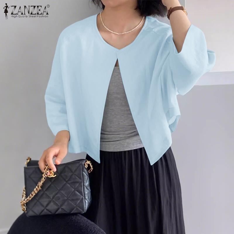 ZANZEA Women Casual Round Neck 3/4 Sleeve Loose Cardigan Summer Blouse