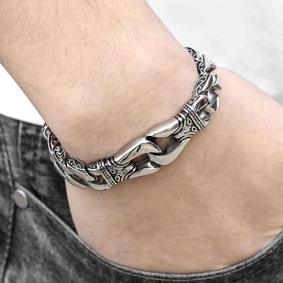 Men's Stainless Steel Curb Cuban Link Bracelet Totem Knot Charm Wristband Male Jewelry