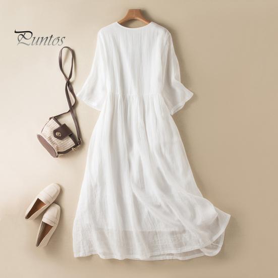 Léto Jaro Ženy Šaty Polorukávy Výstřih do V Linie A Volný lem Jednobarevný Knoflíček Dekor Dvouvrstvé řasené šaty Midi Délka do půli lýtek