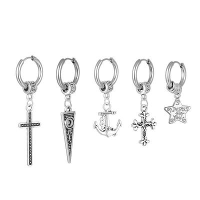 Simple Stainless Steel Cross Drop Earrings Silver Color Anchor Hoop Earring For Women Men Punk Vintage Party Jewelry