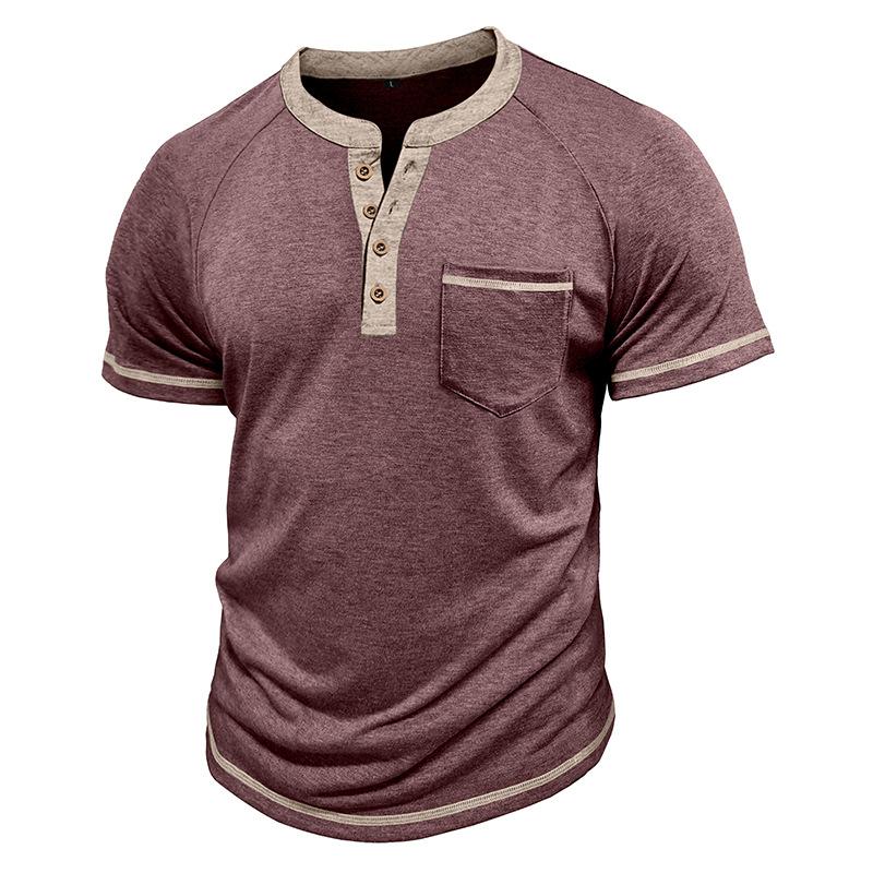 Men's Henley Collar Polo Shirts Summer Fashion Patchwork Short Sleeve Pullover Tops Retro Casual Tees Men