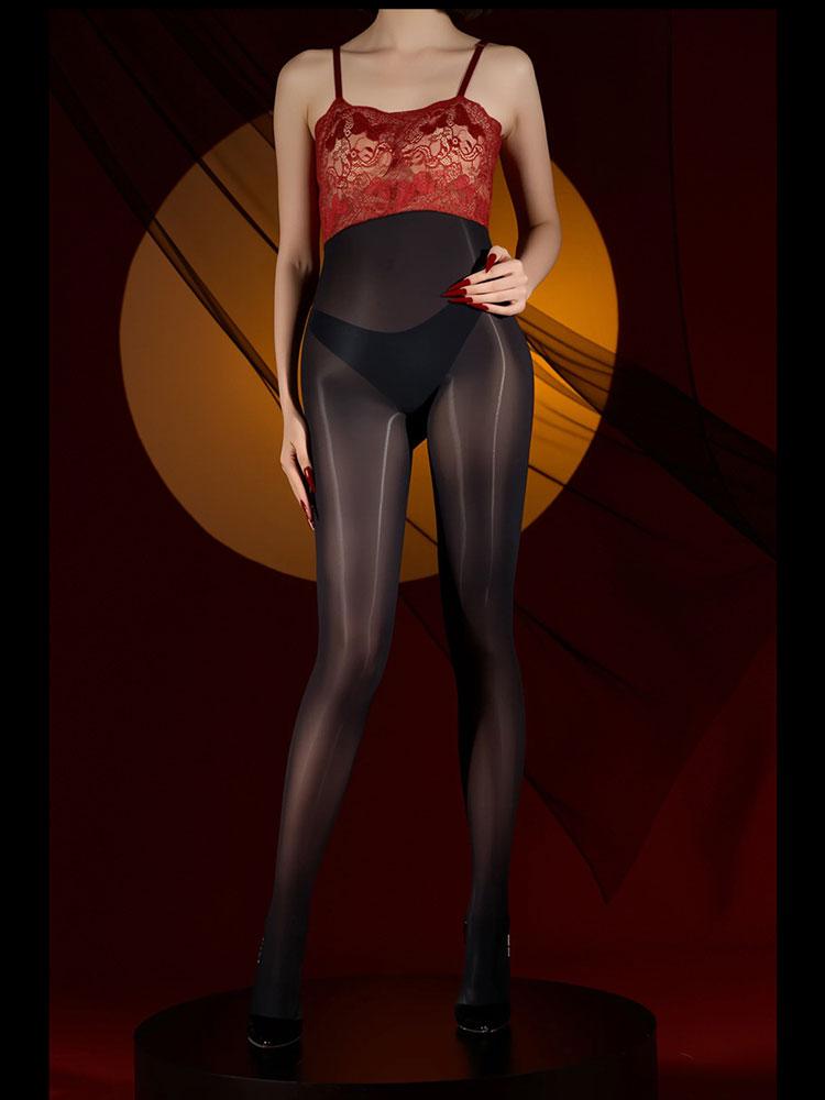 Stocking Style Spaghetti Strap Jumpsuit Sexy Lace Sheer Oil Shiny Bodysuit Exotic High Elastic Shaping Smooth Woman Leotard