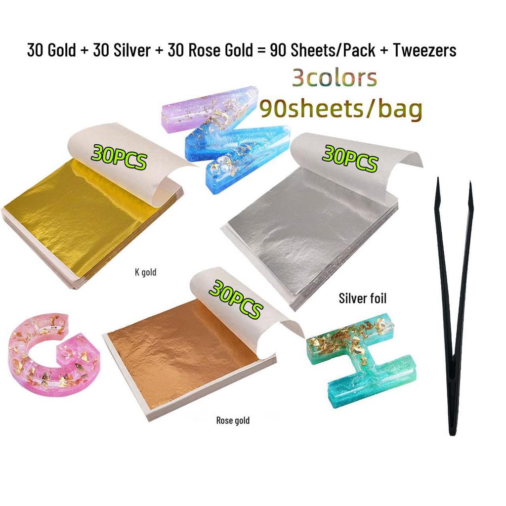 Taiwan Three-Color Imitation Gold Leaf: DIY Colored Foil Epoxy K Gold, Silver, Rose Gold Sheets (90-150/Pack)