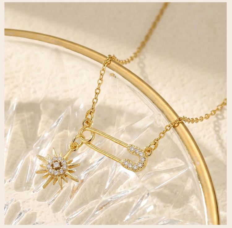 Safety Pin Necklace Pave CZ Star Moon Sun Charms Pendant Jewelry for Women