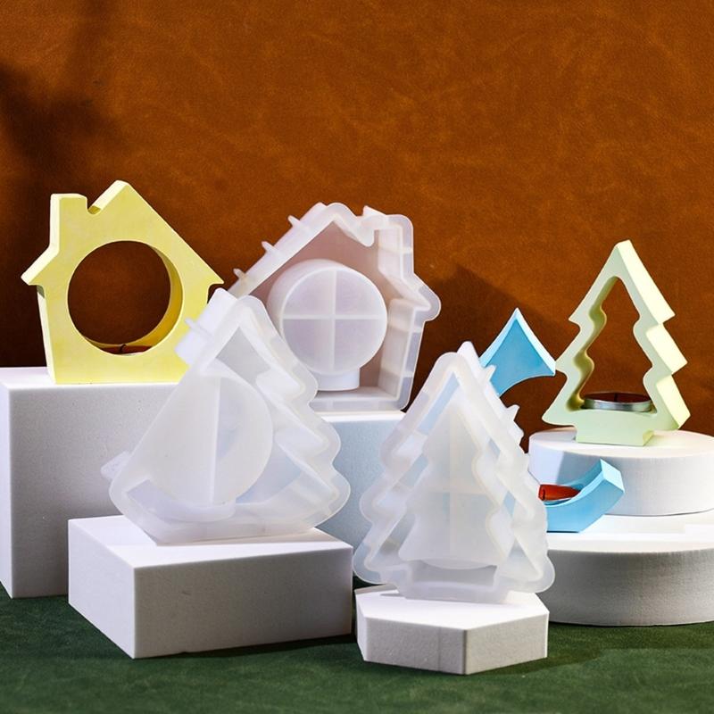 Candlestick Molds Silicone Crafts Mold House/Tree Shape Candle Stand Moulds Silicone Texture Ornament Molds for Candle
