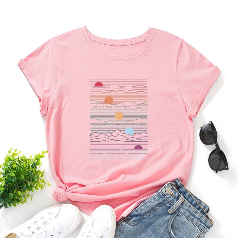 

Летние женские хлопковые свободные футболки с принтом заката и круглым вырезом с короткими рукавами для женщин 3XL