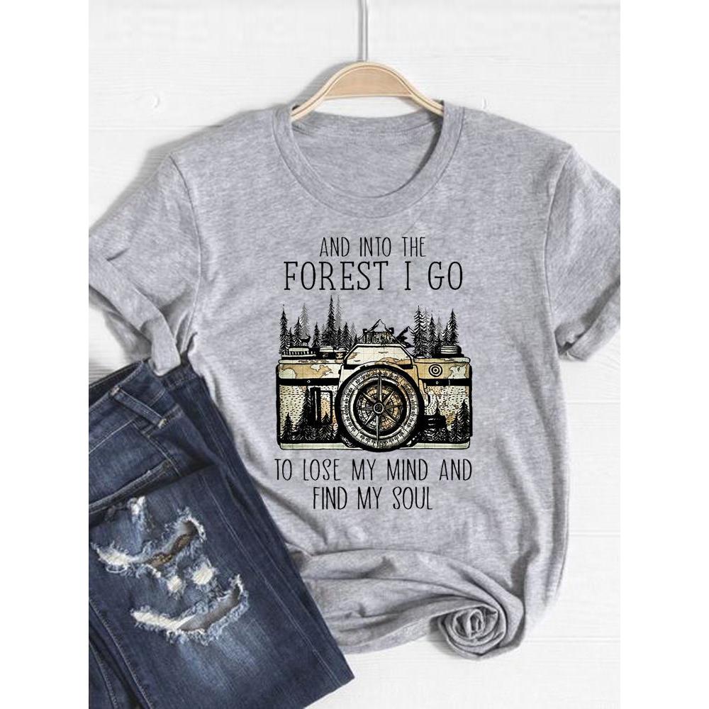 Print T Shirt Short Sleeve Flower Vintage Cute 90s Summer Top Fashion Clothes Women Clothing Gray Basic Tee Graphic T-shirt
