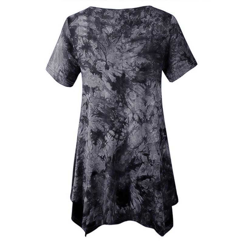 Large Size Fashion Tie-dye V-neck Hem Irregular Short Sleeved Blouse Loose O Neck Floral Top Summer Casual Office Sweet Tops Women's Clothing