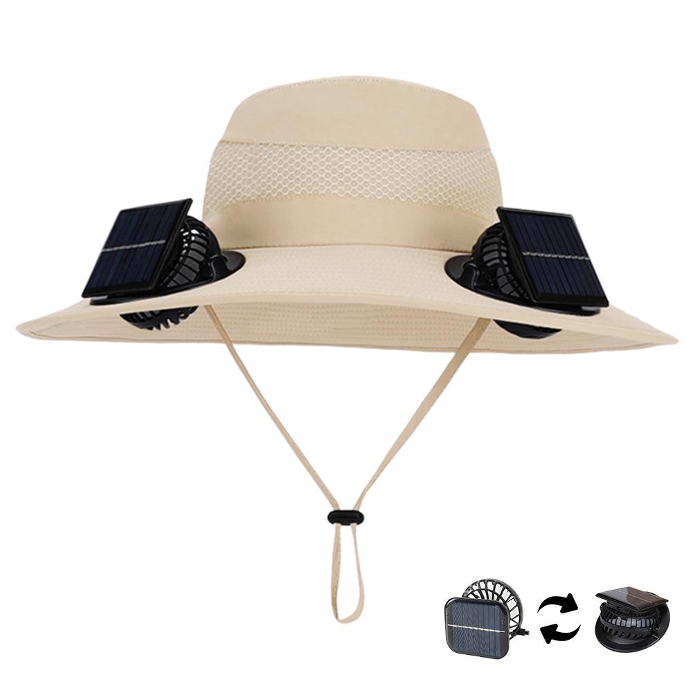 Outdoor Wide Brim Sun Hat with Solar/Charging Fan Outdoor Drawstring Fishing Hat Waterproof for Outdoor Riding Hiking Fishing