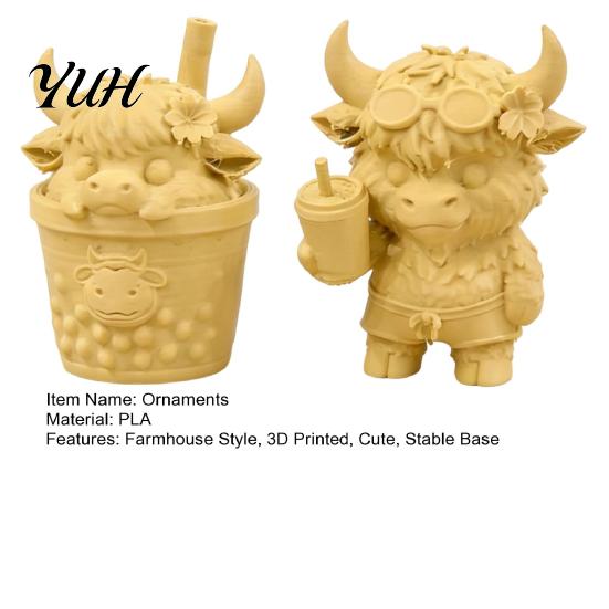 Helande Djurstaty Set 2st Söt HöglandsKo Figur, 3D-printade Bubble Tea Statyer, Kreativ Hartsliknande Modell Sommarbondgårdsstil Skrivbords