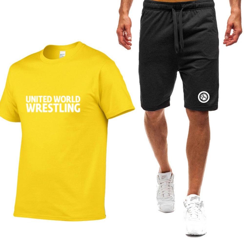 Summer Men's World Wrestling Federation Logo Printed Solid Color Daily Multi Functional Comfortable T-shirt Pants Sports Set