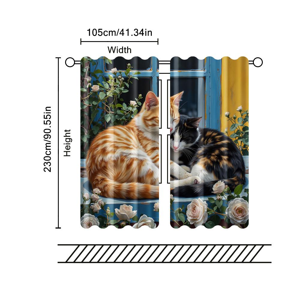 Set Of 2 Filtering Curtains Excluding Rods Non Movable Without Batteries Adorable Lazy Cat Flowers Use Bedrooms Curtain For Master Bedroom Made