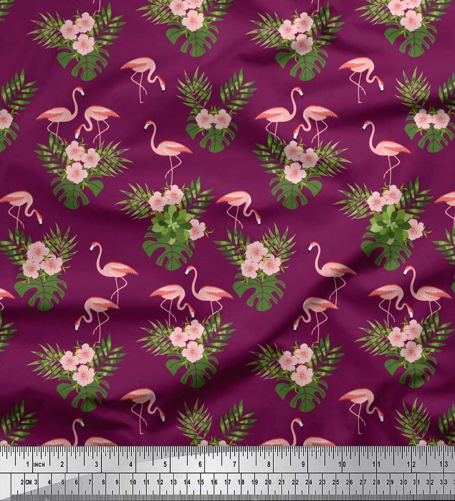 Soimoi Japan Crepe Satin Fabric Tropical Leaves,Floral & Flamingo Bird Print Fabric by the metre 42 Inch