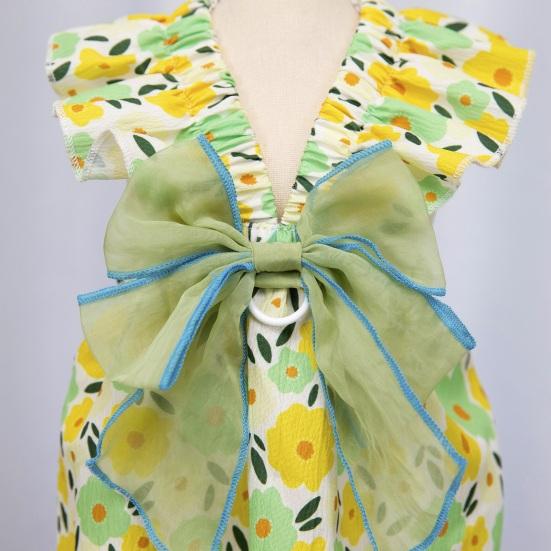 Spring Summer Pet Dress Ruffle Flying Sleeves Tulle Bow Floral Print Small