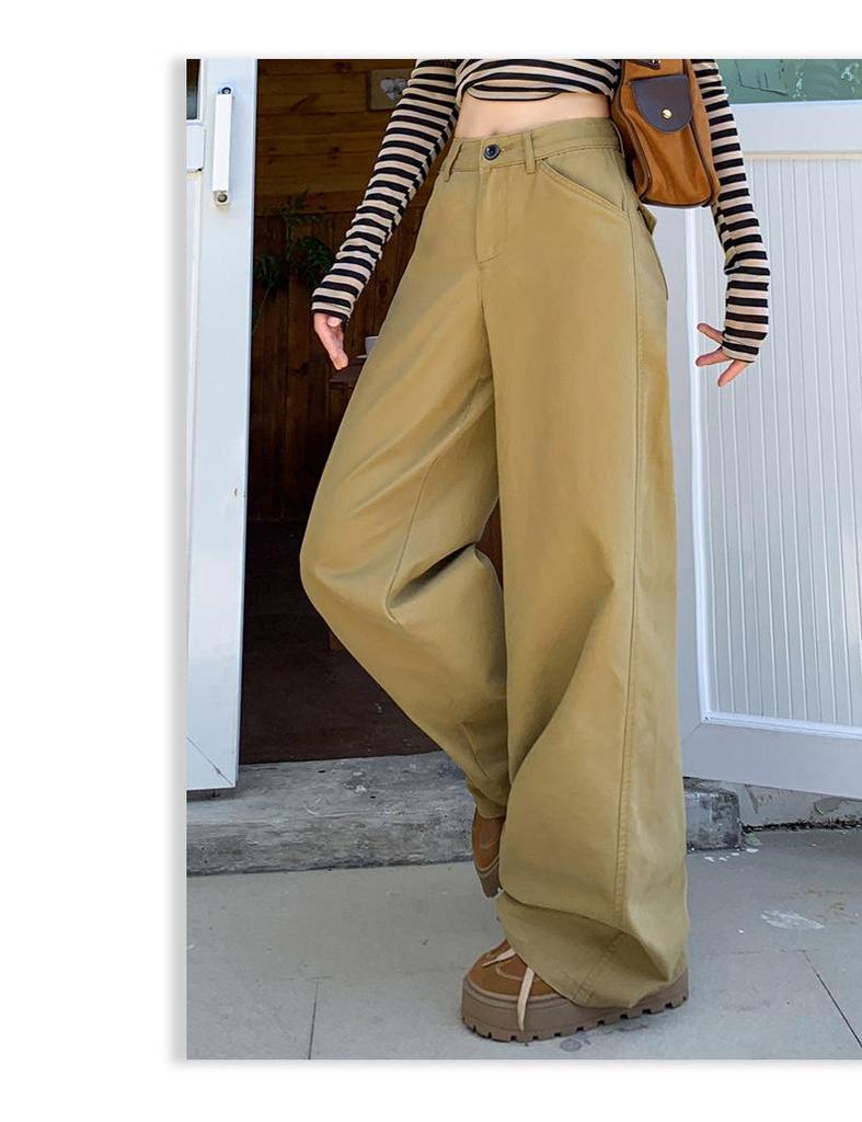Autumn 2025 Khaki High-Waist Loose Straight-Leg Women's Jeans - Casual, Slimming, Fashionable Wide-Leg Pants