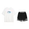 Li Ning Logo Letter Round Neck Loose Short Sleeve Mid Waist Tied Shorts Casual Sports Suit Unisex Suit AHSVD57-2+YAPV001-1