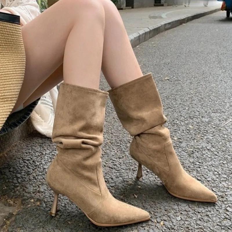 2025Mid Tube Pointed Toe Pleated Stiletto Heel Pile Boots Lazy Wind Autumn Loose Suede Sleeve High Heel Boots