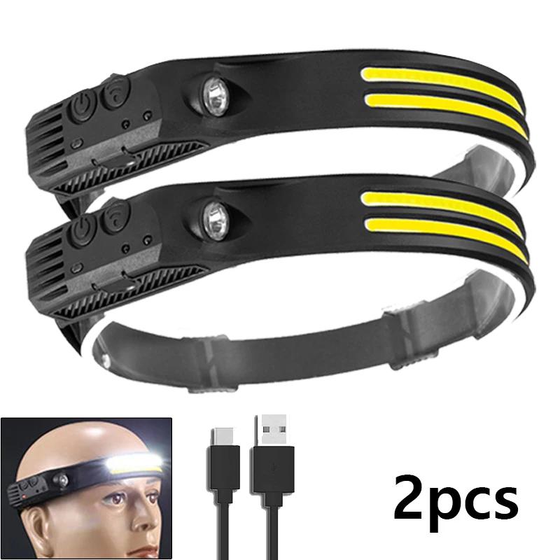LED+COB Sensor Headlight 5 Lighting Modes Head Torch Rechargeable Built In 1200mAh Battery Head Lamp Waterproof Working Lantern