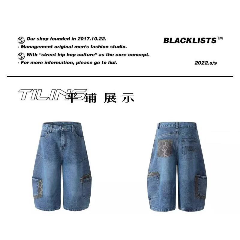 

Vintage Leopard Patchwork Pocket Scimitar Jeans Men s and Women s Trend Hip Hop Loose Wide Leg Overalls S синий