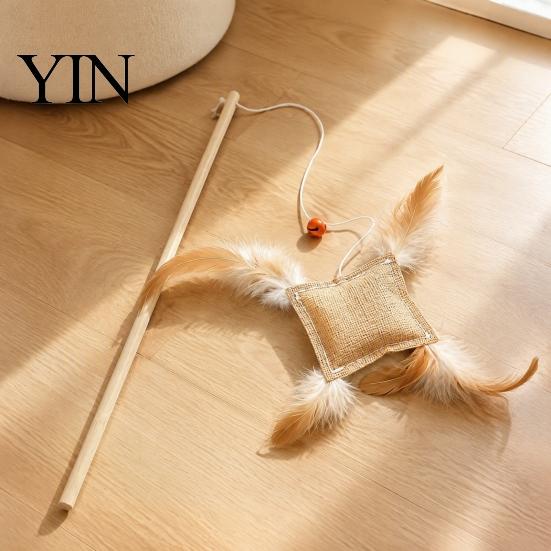 Natural Linen Hunting Toy Cat Wand with Bag, Interactive Bell, Handheld Interaction Stick Wooden Handle Feather for Indoor Cats Scratching Chasing