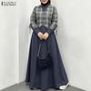 ZANZEA Women Muslim Casual Round Neck Long Sleeve Plaid Print Patchwork Loose Long Dress