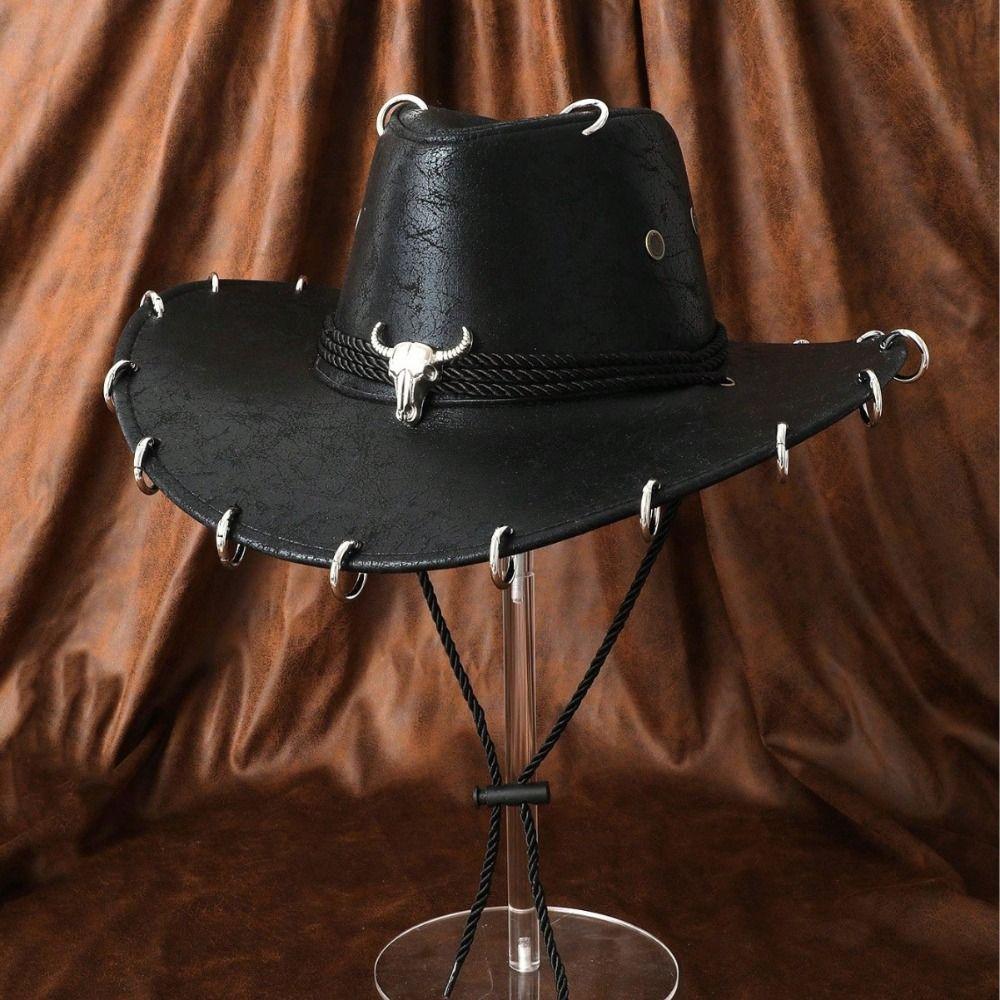 Pu Leather Western Cowboy Hat Wide Brim Cowgirl Cap Classic Panama Cap Men