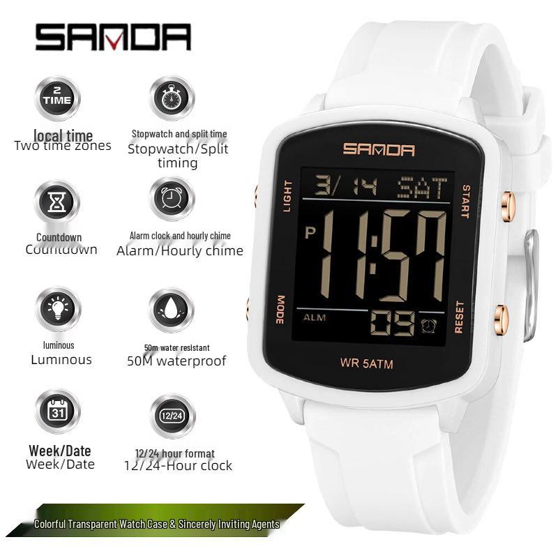 SANDA Men's Luminous Waterproof Sports Watch - Square Design with Multifunctional Countdown Timer