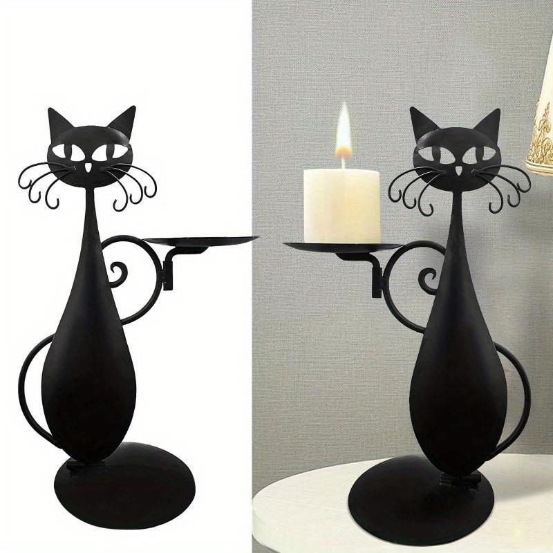 Halloween Scented Wax Candlestick Warmer - Black Cat Design with White Eyes & Mouth, Metal Tabletop Candle Holder for Autumn