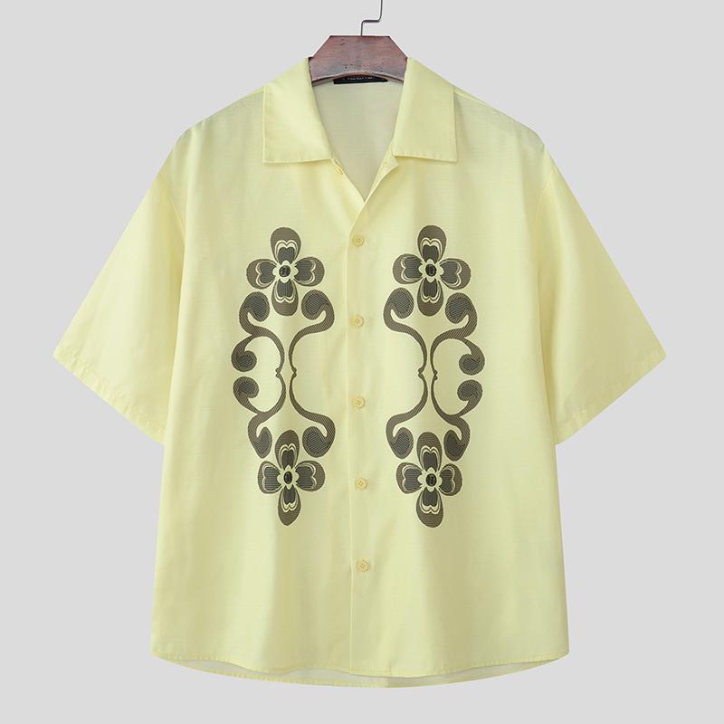 INCERUN Oversized Men Lapel Neck Short Sleeve PrintButtons Up Casual Loose Shirts