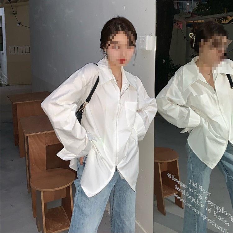 Women's White Zipper Shirt with Large Collar - Versatile for Layering, Unique Design