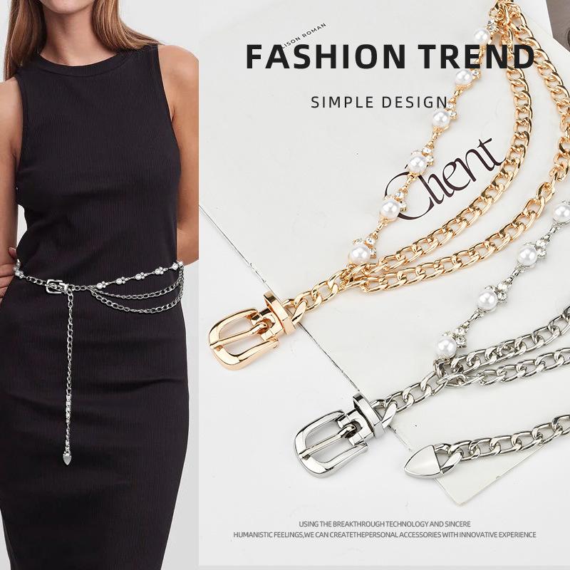 Needle Buckle Pearl Rhinestone Woven Metal Waist Chain Men and Women Hip-hop Fashion Light Luxury Dress Accessories Belt Women