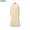 VONDA Women Elegant Lapel Neck Long Sleeve Baggy Pleated Casual Long Shirts Dress
