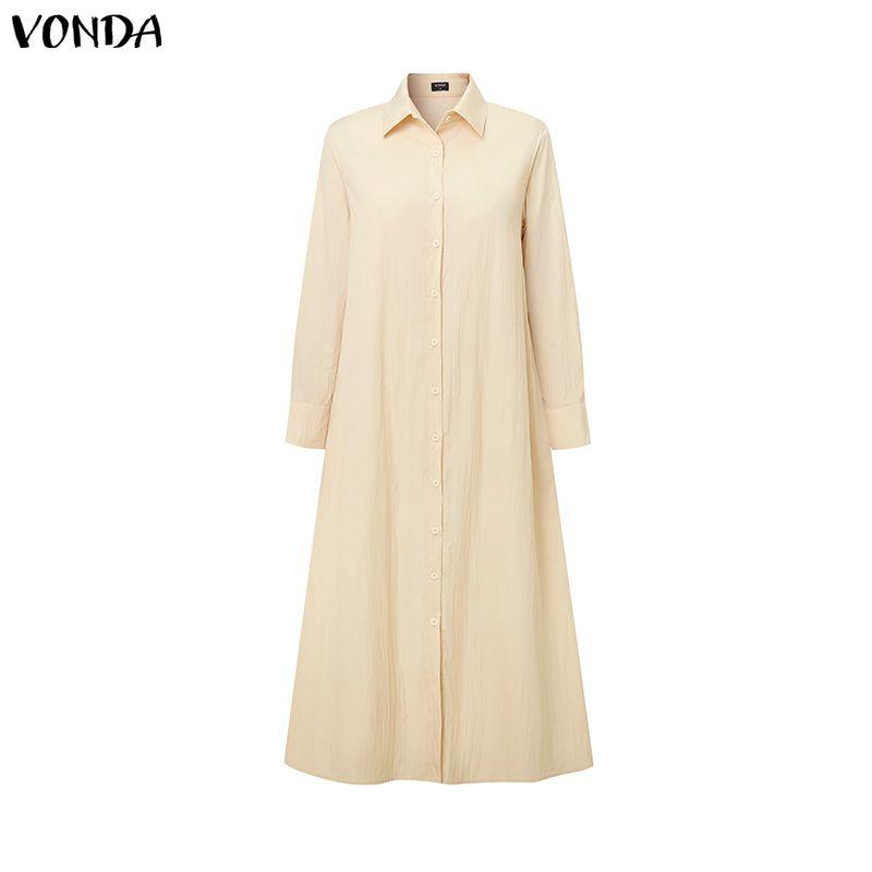 VONDA Women Elegant Lapel Neck Long Sleeve Baggy Pleated Casual Long Shirts Dress