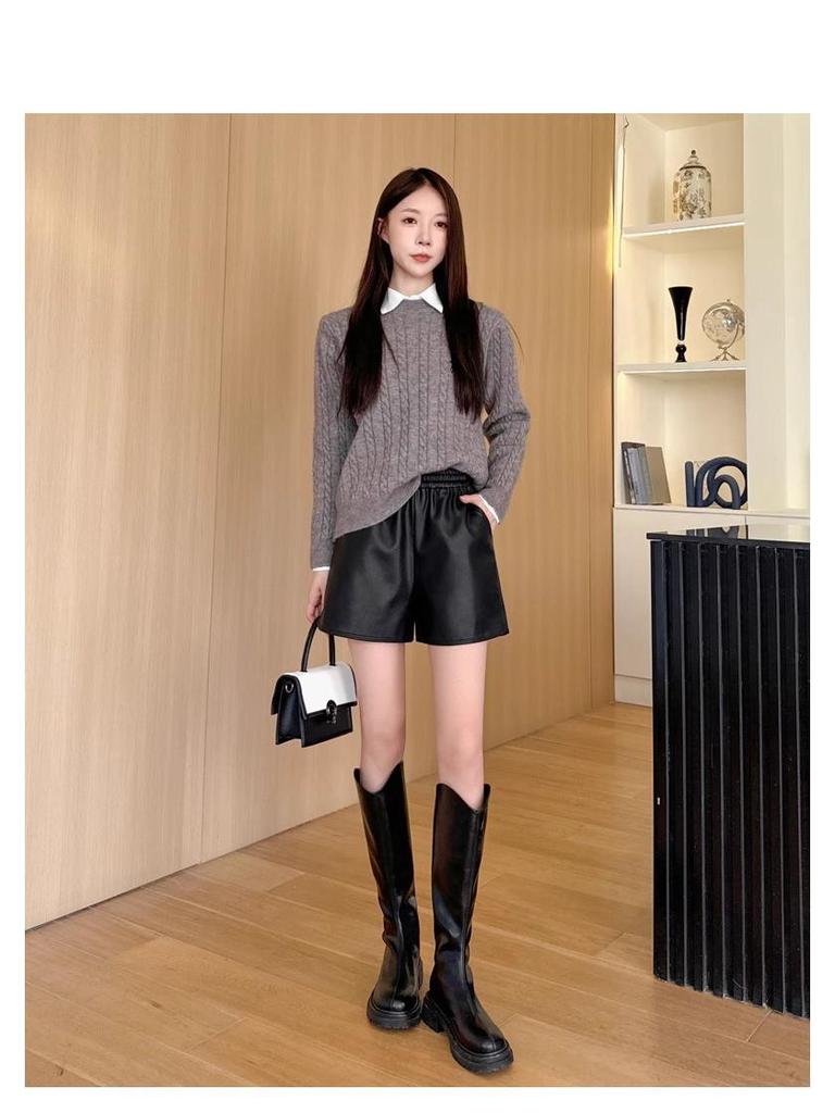 Women's PU Leather High-Waist Bootcut Shorts - 2024 Autumn/Winter Plus Size Fashion