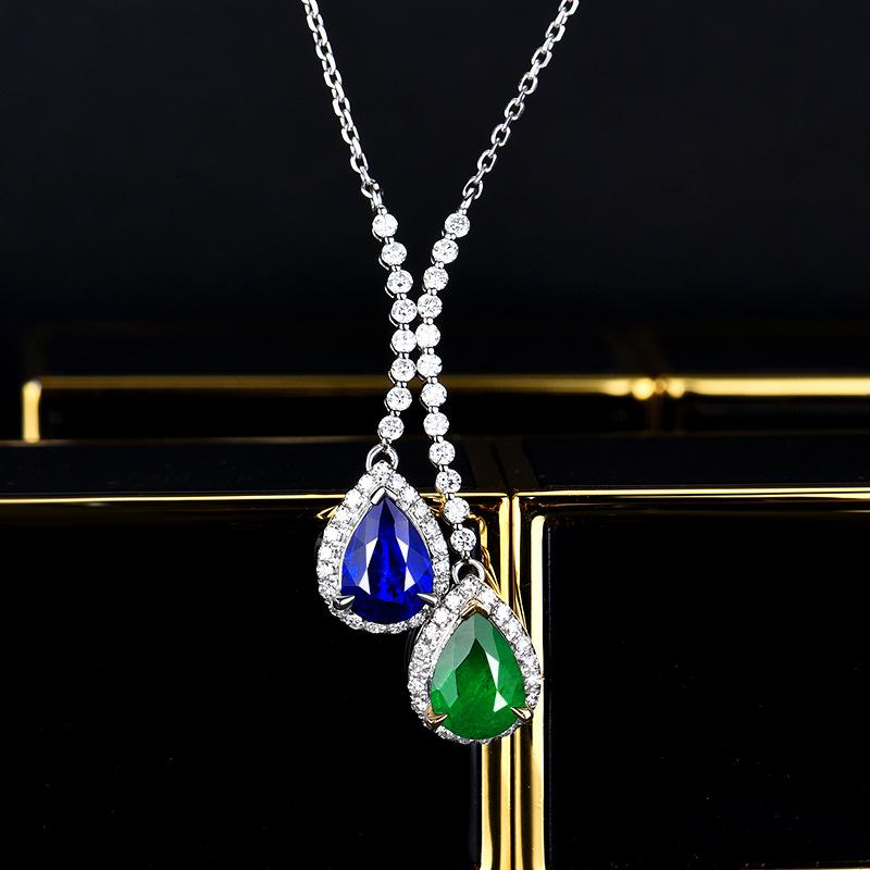 Fashion Luxury Imitation Natural Sapphire Necklace, Celebrity Style Slightly Set With Emerald Water Drop Pear-Shaped Chain For Women