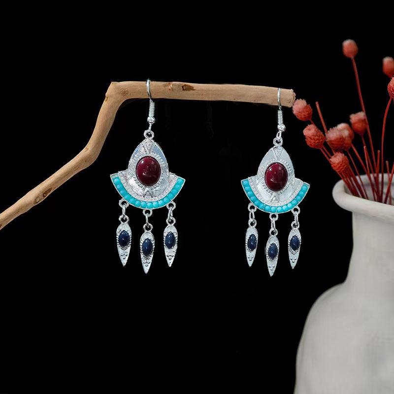 Ethnic Miao Silver Leaf Tassel Dangle Earrings - 2025 Style