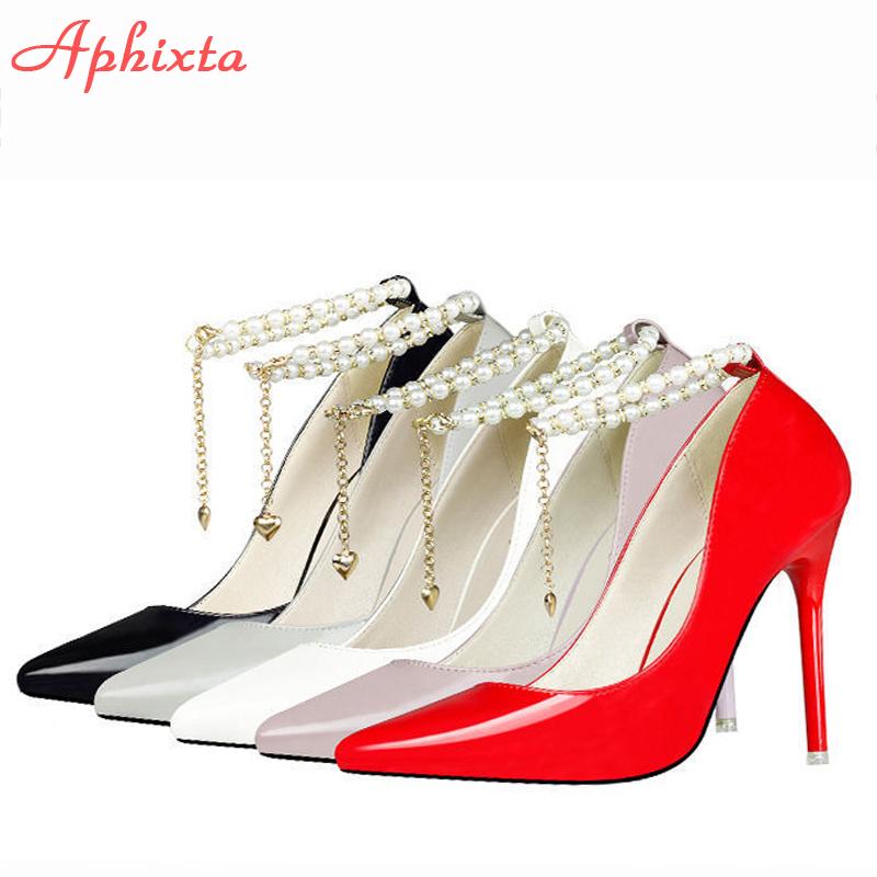 Fashion Aphixta Luxury Pearl Crystals Chain Pumps Women Shoes 10cm Super High Thin Heels Pointed Toe Patent Leather Office Stiletto Heel