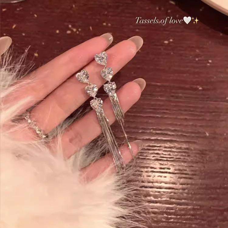 S925 Silver Long Tassel Heart Zircon Earrings: Luxury, Versatile, Stylish